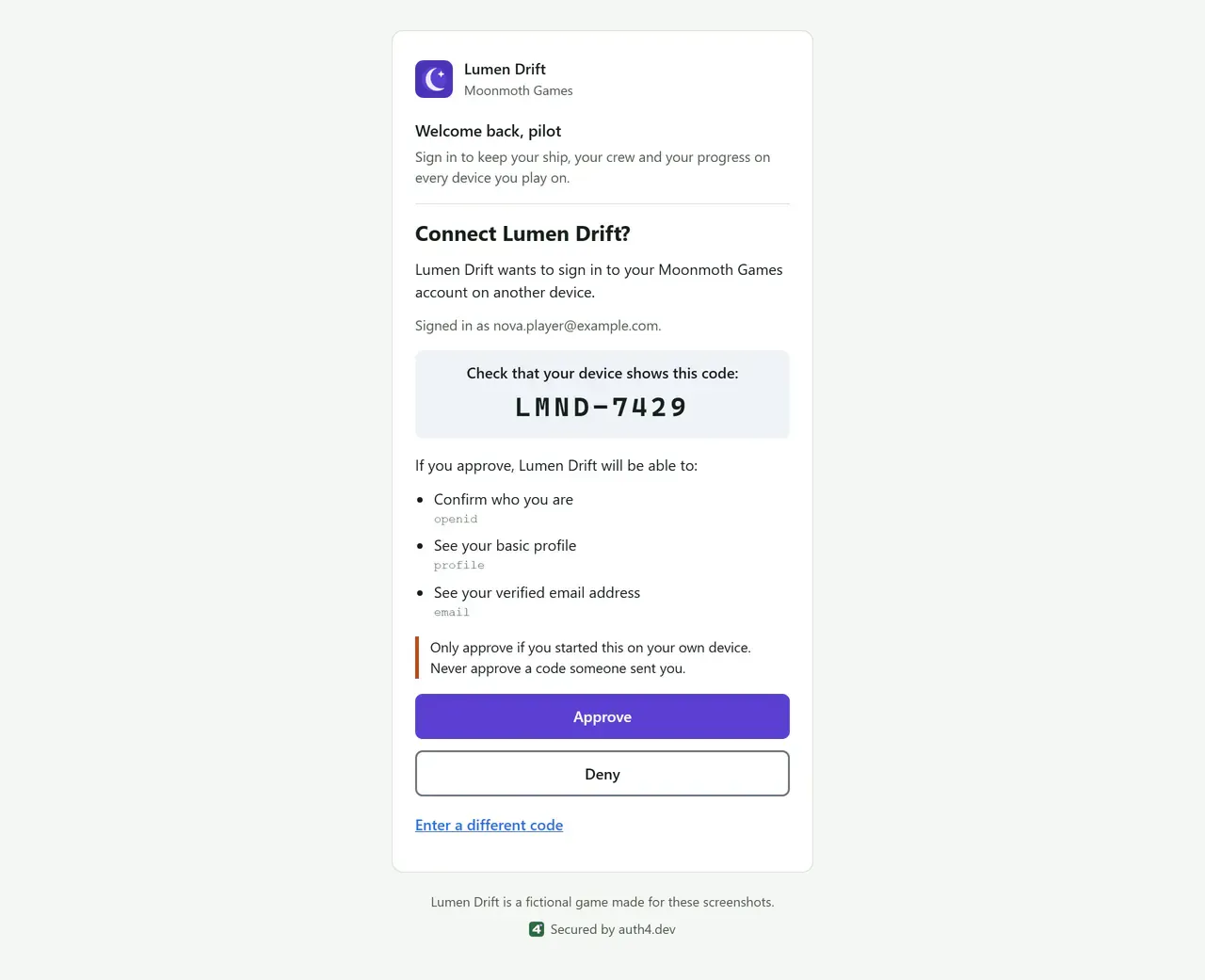 The device approval page on a desktop browser, branded for Lumen Drift with its violet accent, crescent-moon logo and welcome text. It asks the signed-in player to check that their console shows the code LMND-7429, lists what Lumen Drift will be able to see, and has Approve and Deny buttons.