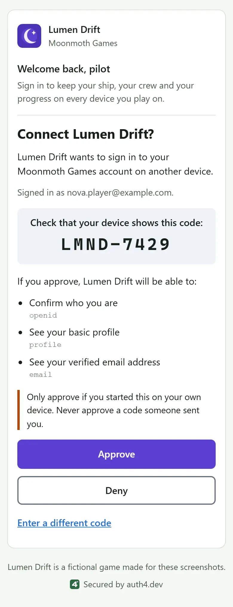 The device approval page on a phone, branded for Lumen Drift with its violet accent, crescent-moon logo and welcome text. It asks the signed-in player to check that their console shows the code LMND-7429, lists what Lumen Drift will be able to see, and has Approve and Deny buttons.