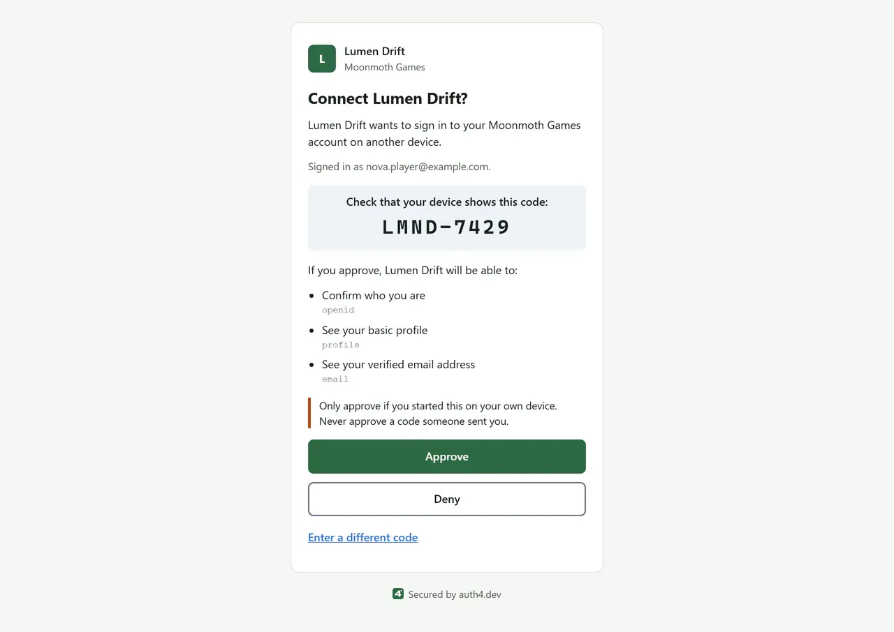 The device approval page on a desktop browser, in the default auth4.dev theme with the green accent and no custom logo. It asks the signed-in player to check that their console shows the code LMND-7429, lists what Lumen Drift will be able to see, and has Approve and Deny buttons.