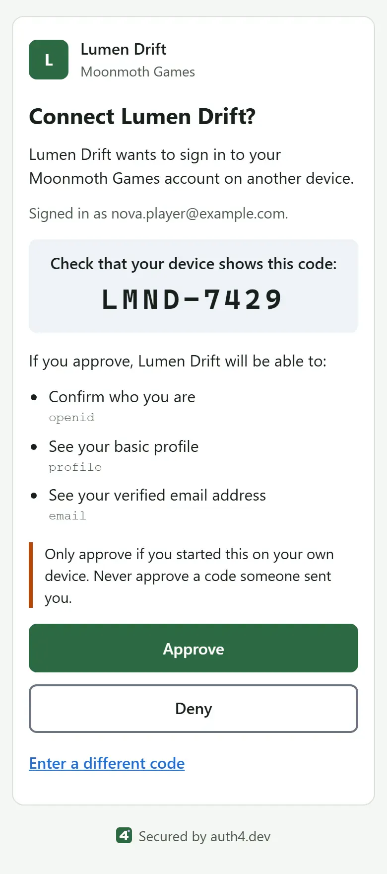 The device approval page on a phone, in the default auth4.dev theme with the green accent and no custom logo. It asks the signed-in player to check that their console shows the code LMND-7429, lists what Lumen Drift will be able to see, and has Approve and Deny buttons.