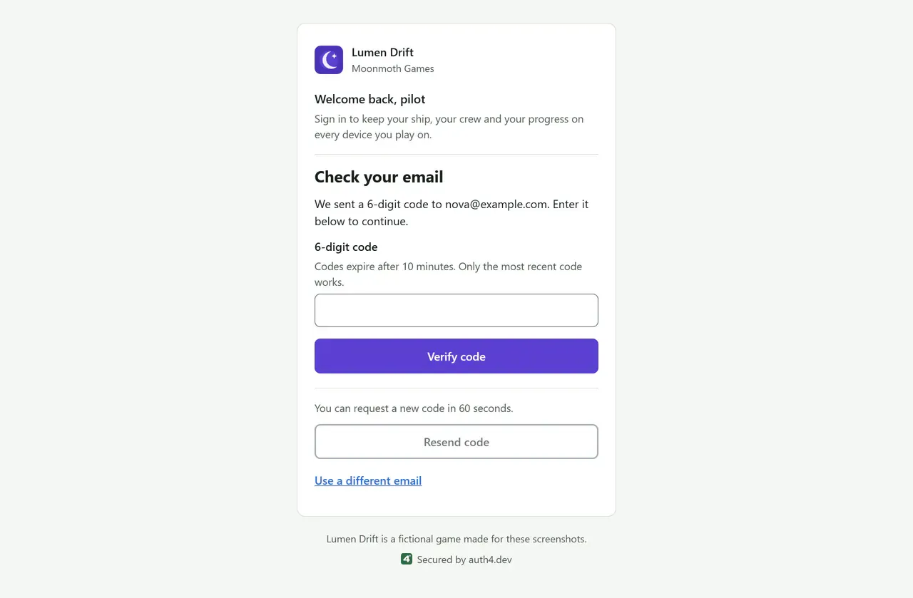 The "Check your email" step on a desktop browser, branded for Lumen Drift with its violet accent, crescent-moon logo and welcome text. It says a 6-digit code was sent to nova@example.com and shows a field for the code with a Verify code button.