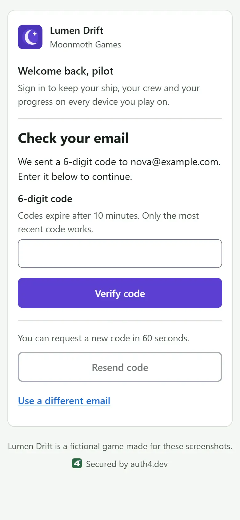 The "Check your email" step on a phone, branded for Lumen Drift with its violet accent, crescent-moon logo and welcome text. It says a 6-digit code was sent to nova@example.com and shows a field for the code with a Verify code button.