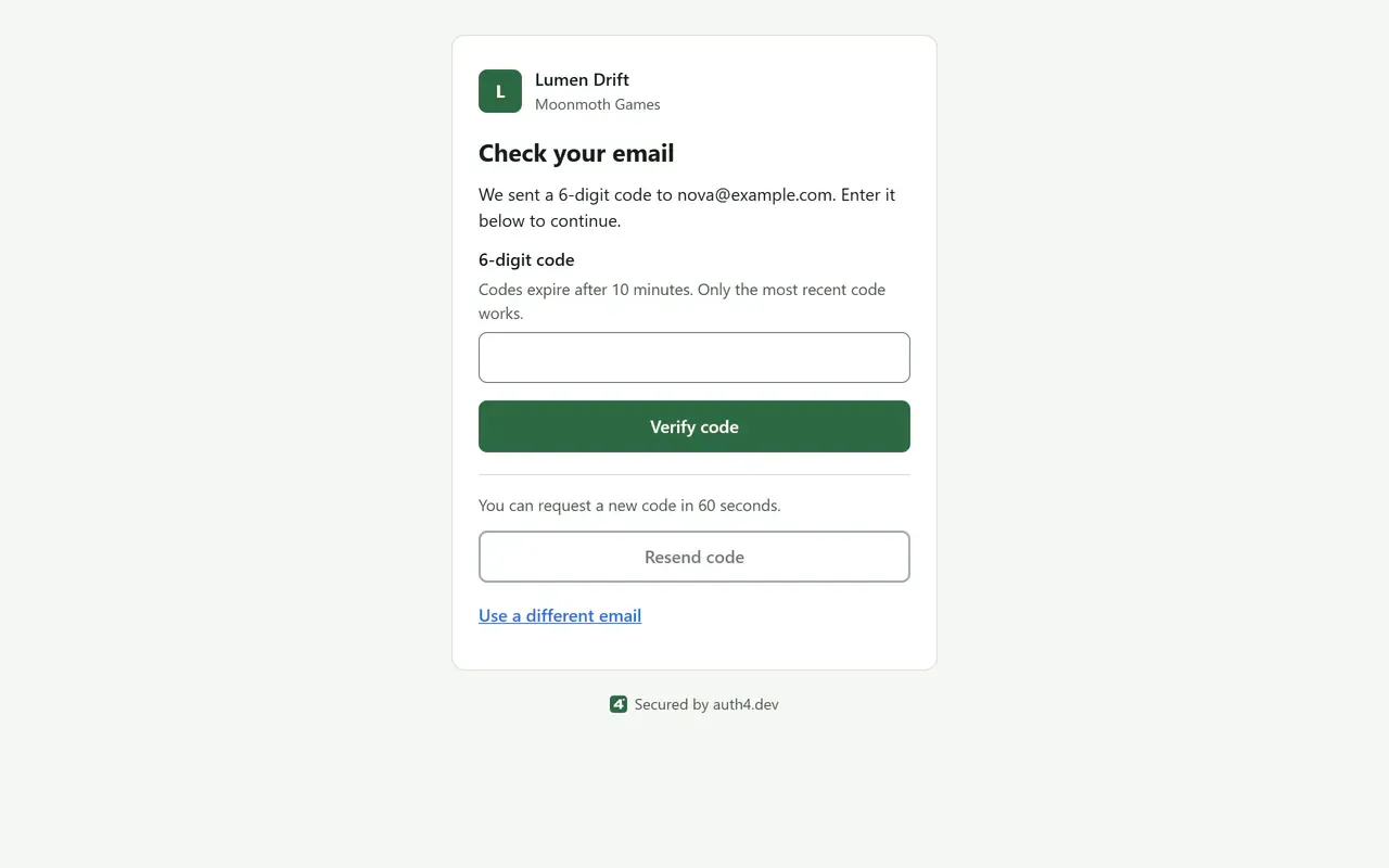 The "Check your email" step on a desktop browser, in the default auth4.dev theme with the green accent and no custom logo. It says a 6-digit code was sent to nova@example.com and shows a field for the code with a Verify code button.