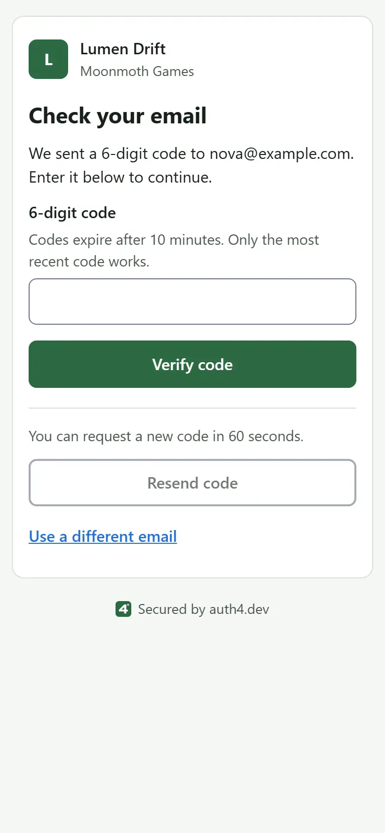 The "Check your email" step on a phone, in the default auth4.dev theme with the green accent and no custom logo. It says a 6-digit code was sent to nova@example.com and shows a field for the code with a Verify code button.