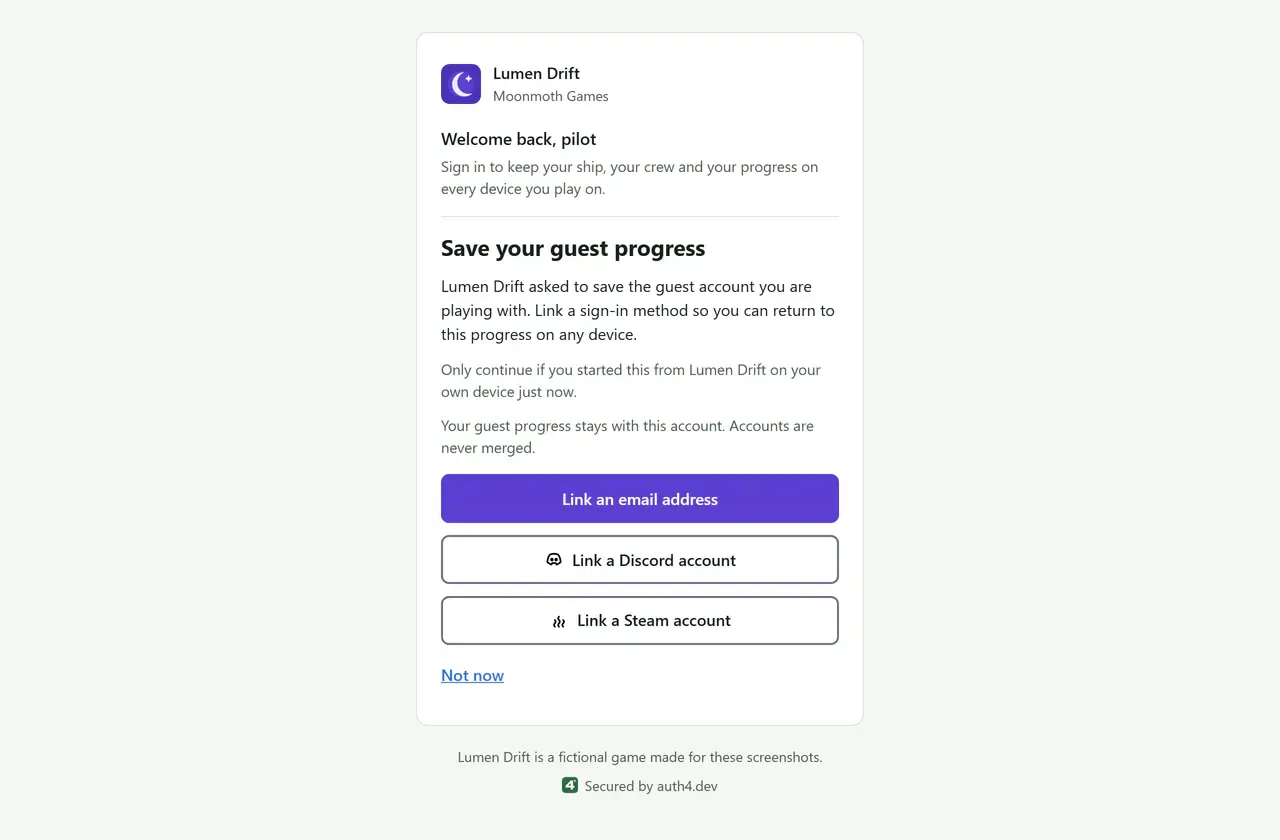 The "Save your guest progress" page on a desktop browser, branded for Lumen Drift with its violet accent, crescent-moon logo and welcome text. It offers to keep a guest player's progress by linking an email address, Discord or Steam, or to skip for now.