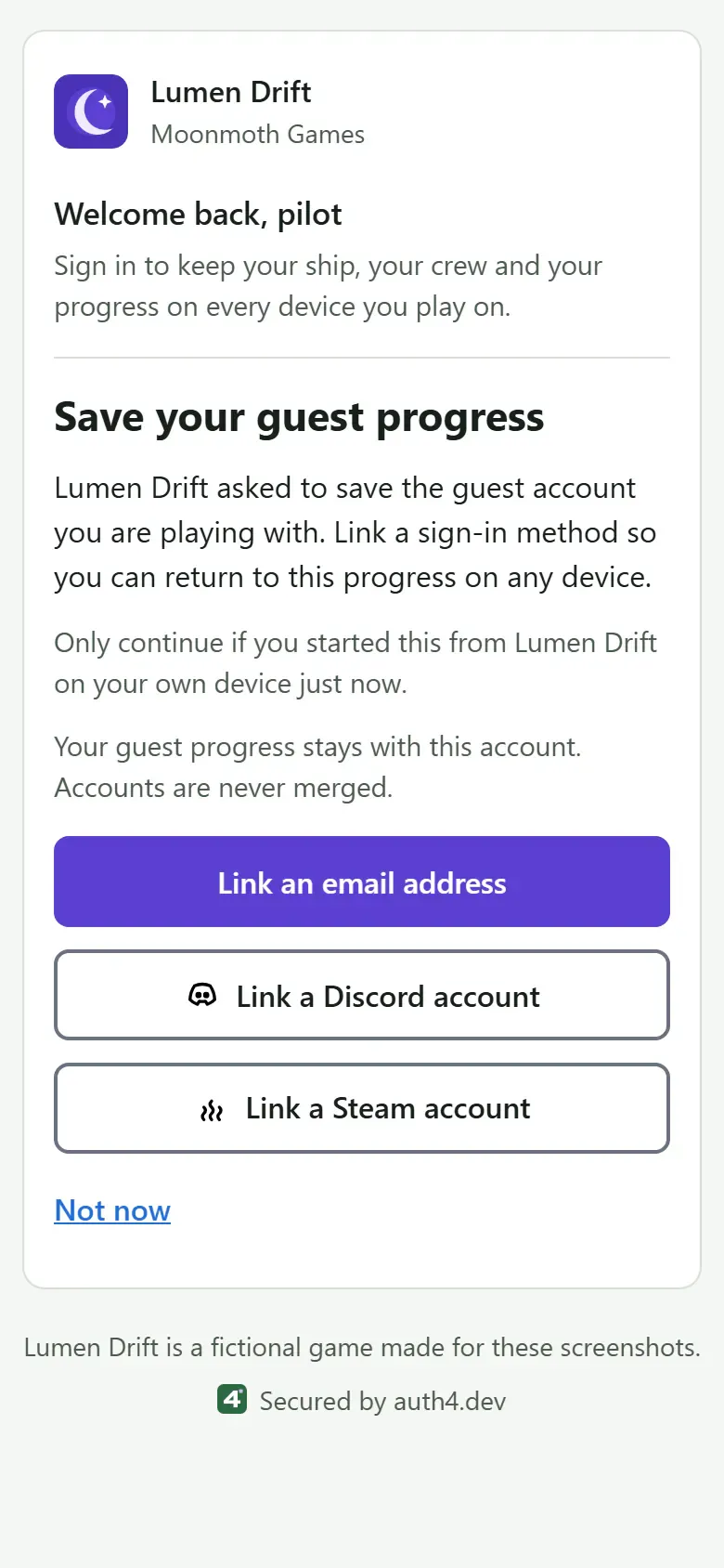 The "Save your guest progress" page on a phone, branded for Lumen Drift with its violet accent, crescent-moon logo and welcome text. It offers to keep a guest player's progress by linking an email address, Discord or Steam, or to skip for now.