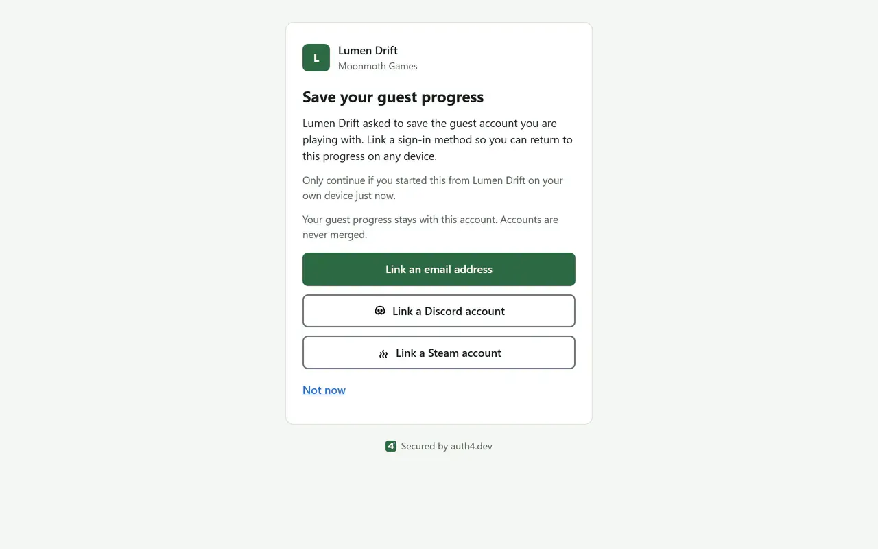 The "Save your guest progress" page on a desktop browser, in the default auth4.dev theme with the green accent and no custom logo. It offers to keep a guest player's progress by linking an email address, Discord or Steam, or to skip for now.