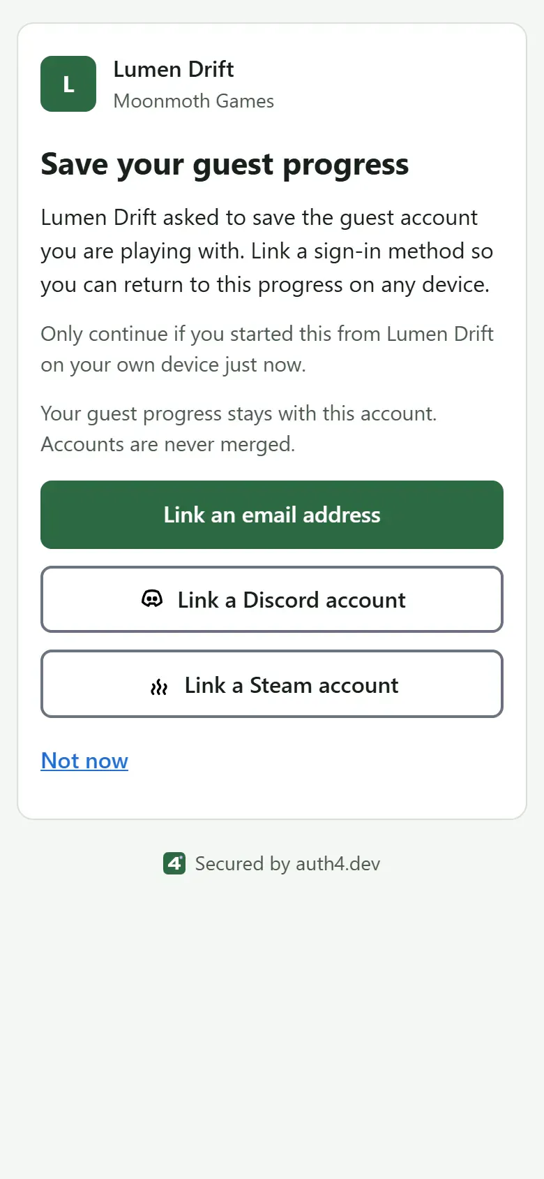 The "Save your guest progress" page on a phone, in the default auth4.dev theme with the green accent and no custom logo. It offers to keep a guest player's progress by linking an email address, Discord or Steam, or to skip for now.
