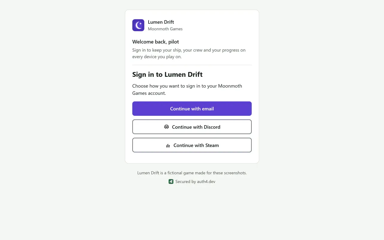 The Lumen Drift sign-in page on a desktop browser, branded for Lumen Drift with its violet accent, crescent-moon logo and welcome text. It asks the player to choose how to sign in to their Moonmoth Games account, with buttons to continue with email, Discord or Steam.