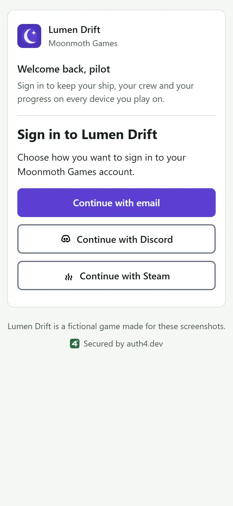 The Lumen Drift sign-in page on a phone, branded for Lumen Drift with its violet accent, crescent-moon logo and welcome text. It asks the player to choose how to sign in to their Moonmoth Games account, with buttons to continue with email, Discord or Steam.