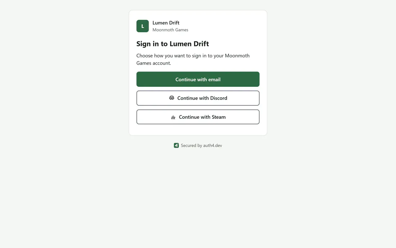 The Lumen Drift sign-in page on a desktop browser, in the default auth4.dev theme with the green accent and no custom logo. It asks the player to choose how to sign in to their Moonmoth Games account, with buttons to continue with email, Discord or Steam.