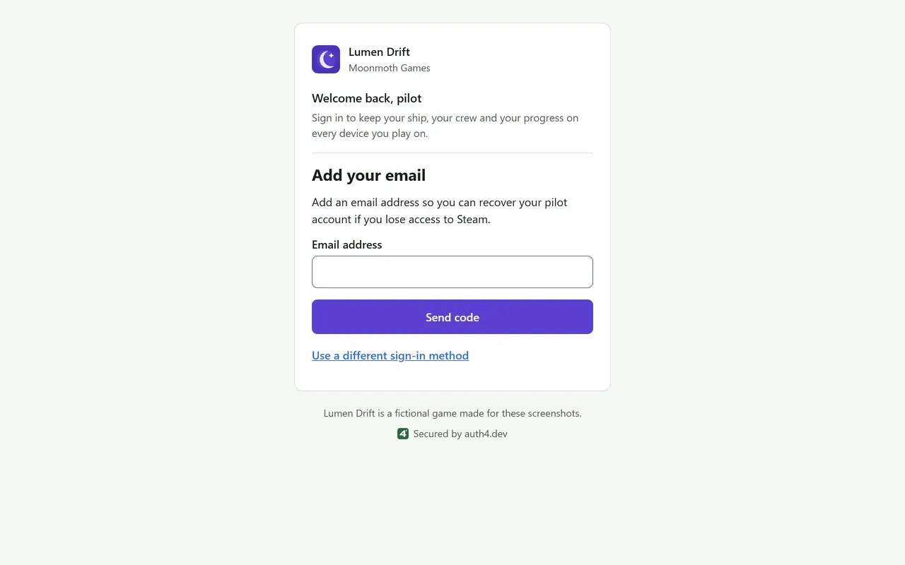 The "Add your email" step after a Steam sign-in on a desktop browser, branded for Lumen Drift with its violet accent, crescent-moon logo and welcome text. It asks the player who just signed in with Steam for an email address, with an email field, a Send code button and a link to use a different sign-in method.