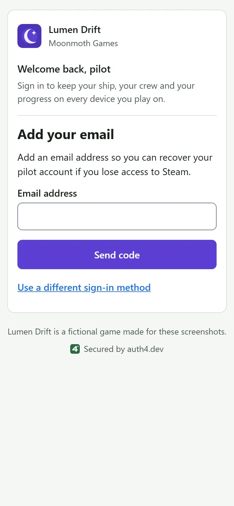 The "Add your email" step after a Steam sign-in on a phone, branded for Lumen Drift with its violet accent, crescent-moon logo and welcome text. It asks the player who just signed in with Steam for an email address, with an email field, a Send code button and a link to use a different sign-in method.