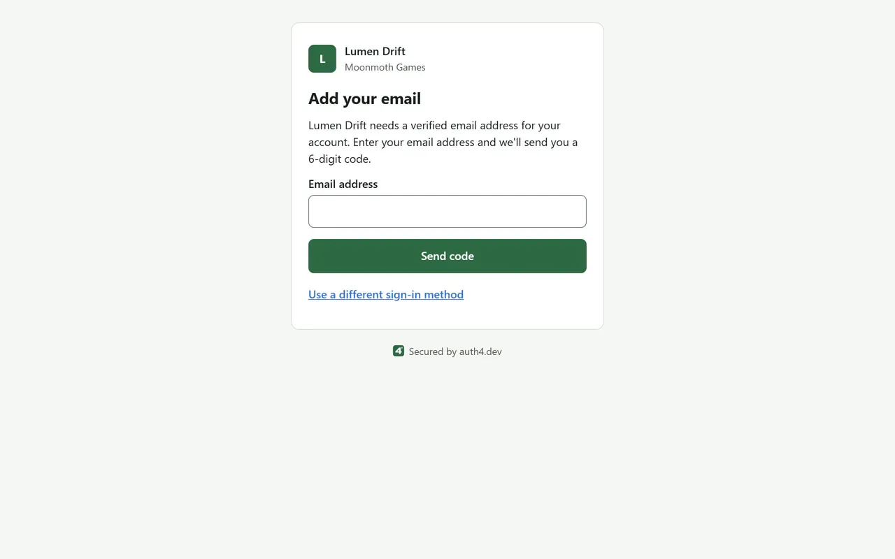 The "Add your email" step after a Steam sign-in on a desktop browser, in the default auth4.dev theme with the green accent and no custom logo. It asks the player who just signed in with Steam for an email address, with an email field, a Send code button and a link to use a different sign-in method.
