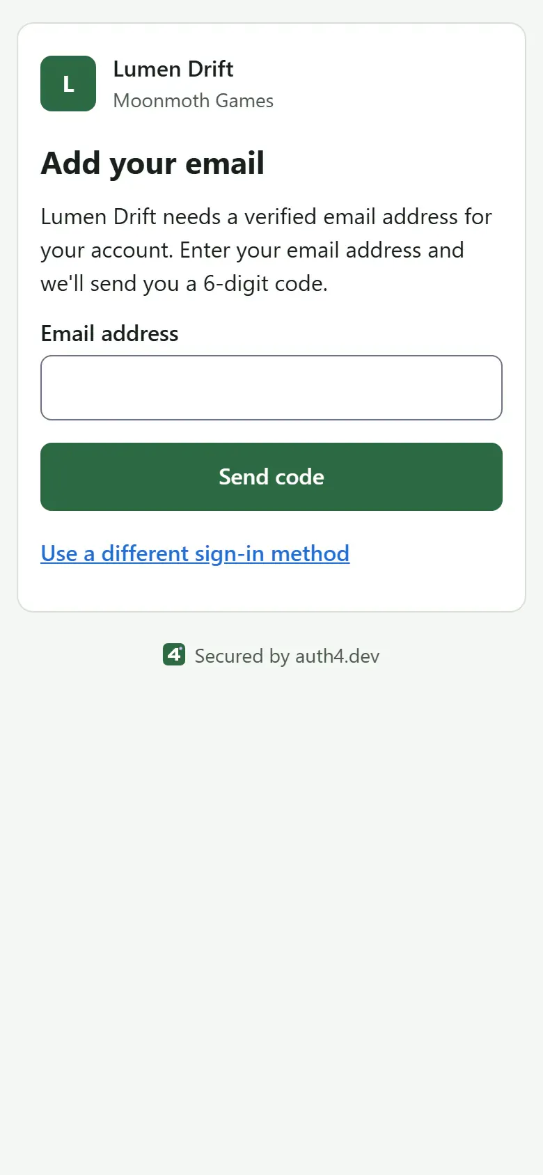 The "Add your email" step after a Steam sign-in on a phone, in the default auth4.dev theme with the green accent and no custom logo. It asks the player who just signed in with Steam for an email address, with an email field, a Send code button and a link to use a different sign-in method.